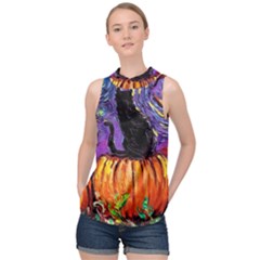 Halloween Art Starry Night Hallows Eve Black Cat Pumpkin High Neck Satin Top by Sarkoni