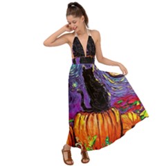 Halloween Art Starry Night Hallows Eve Black Cat Pumpkin Backless Maxi Beach Dress by Sarkoni