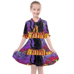 Halloween Art Starry Night Hallows Eve Black Cat Pumpkin Kids  All Frills Chiffon Dress by Sarkoni