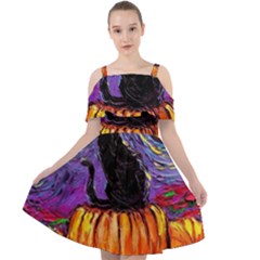 Halloween Art Starry Night Hallows Eve Black Cat Pumpkin Cut Out Shoulders Chiffon Dress by Sarkoni