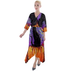 Halloween Art Starry Night Hallows Eve Black Cat Pumpkin Quarter Sleeve Wrap Front Maxi Dress by Sarkoni