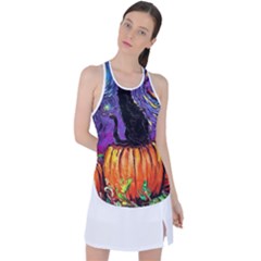 Halloween Art Starry Night Hallows Eve Black Cat Pumpkin Racer Back Mesh Tank Top