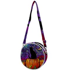 Halloween Art Starry Night Hallows Eve Black Cat Pumpkin Crossbody Circle Bag by Sarkoni