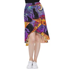 Halloween Art Starry Night Hallows Eve Black Cat Pumpkin Frill Hi Low Chiffon Skirt