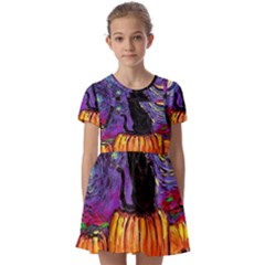 Halloween Art Starry Night Hallows Eve Black Cat Pumpkin Kids  Short Sleeve Pinafore Style Dress by Sarkoni