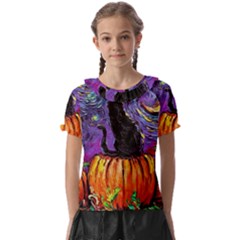 Halloween Art Starry Night Hallows Eve Black Cat Pumpkin Kids  Frill Chiffon Blouse by Sarkoni