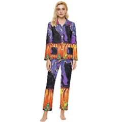 Halloween Art Starry Night Hallows Eve Black Cat Pumpkin Womens  Long Sleeve Velvet Pocket Pajamas Set