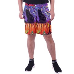 Halloween Art Starry Night Hallows Eve Black Cat Pumpkin Men s Pocket Shorts by Sarkoni