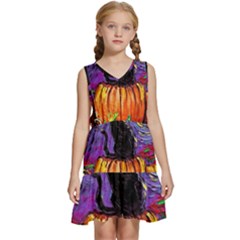 Halloween Art Starry Night Hallows Eve Black Cat Pumpkin Kids  Sleeveless Tiered Mini Dress by Sarkoni