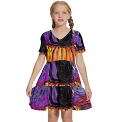 Halloween Art Starry Night Hallows Eve Black Cat Pumpkin Kids  Short Sleeve Tiered Mini Dress by Sarkoni