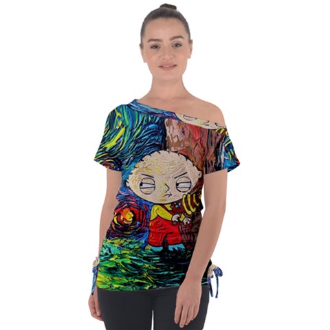 Cartoon Starry Night Vincent Van Gogh Off Shoulder Tie-up T-shirt by Sarkoni