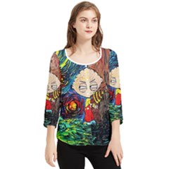 Cartoon Starry Night Vincent Van Gogh Chiffon Quarter Sleeve Blouse by Sarkoni