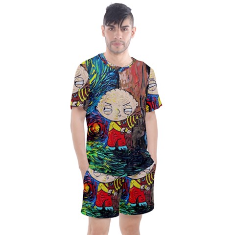 Cartoon Starry Night Vincent Van Gogh Men s Mesh T-shirt And Shorts Set by Sarkoni