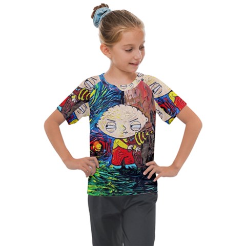 Cartoon Starry Night Vincent Van Gogh Kids  Mesh Piece T-shirt by Sarkoni