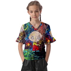 Cartoon Starry Night Vincent Van Gogh Kids  V-neck Horn Sleeve Blouse by Sarkoni