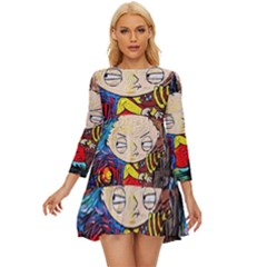 Cartoon Starry Night Vincent Van Gogh Long Sleeve Babydoll Dress by Sarkoni