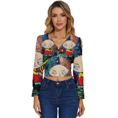 Cartoon Starry Night Vincent Van Gogh Long Sleeve V-neck Top by Sarkoni