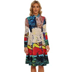 Cartoon Starry Night Vincent Van Gogh Long Sleeve Shirt Collar A-line Dress by Sarkoni