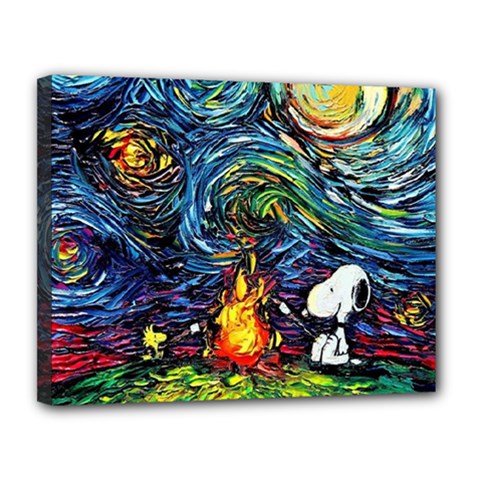 Dog Cartoon Starry Night Print Van Gogh Parody Canvas 14  X 11  (stretched) by Sarkoni