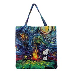 Dog Cartoon Starry Night Print Van Gogh Parody Grocery Tote Bag by Sarkoni