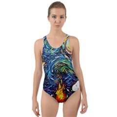 Dog Cartoon Starry Night Print Van Gogh Parody Cut-out Back One Piece Swimsuit by Sarkoni