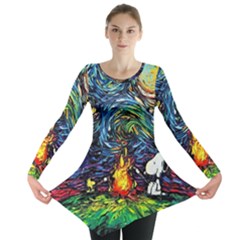 Dog Cartoon Starry Night Print Van Gogh Parody Long Sleeve Tunic  by Sarkoni