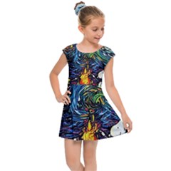 Dog Cartoon Starry Night Print Van Gogh Parody Kids  Cap Sleeve Dress by Sarkoni