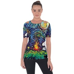 Dog Cartoon Starry Night Print Van Gogh Parody Shoulder Cut Out Short Sleeve Top by Sarkoni