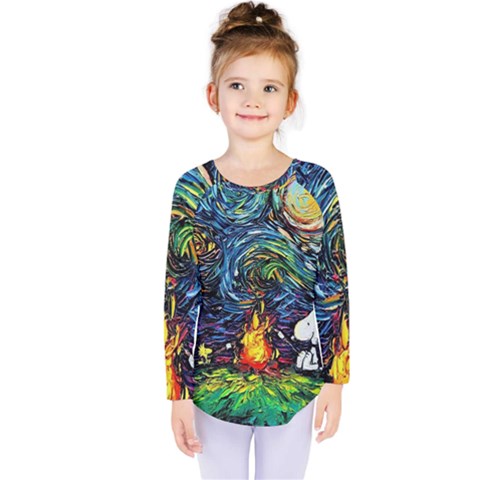 Dog Cartoon Starry Night Print Van Gogh Parody Kids  Long Sleeve T-shirt by Sarkoni