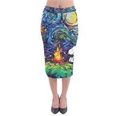 Dog Cartoon Starry Night Print Van Gogh Parody Velvet Midi Pencil Skirt by Sarkoni