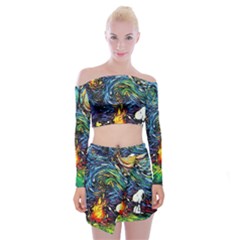 Dog Cartoon Starry Night Print Van Gogh Parody Off Shoulder Top With Mini Skirt Set by Sarkoni