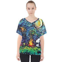 Dog Cartoon Starry Night Print Van Gogh Parody V-neck Dolman Drape Top by Sarkoni