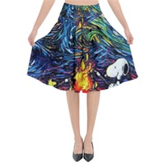 Dog Cartoon Starry Night Print Van Gogh Parody Flared Midi Skirt by Sarkoni