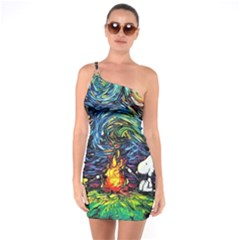 Dog Cartoon Starry Night Print Van Gogh Parody One Shoulder Ring Trim Bodycon Dress by Sarkoni