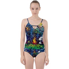 Dog Cartoon Starry Night Print Van Gogh Parody Cut Out Top Tankini Set by Sarkoni