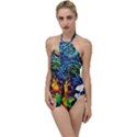 Dog Cartoon Starry Night Print Van Gogh Parody Go with the Flow One Piece Swimsuit View1