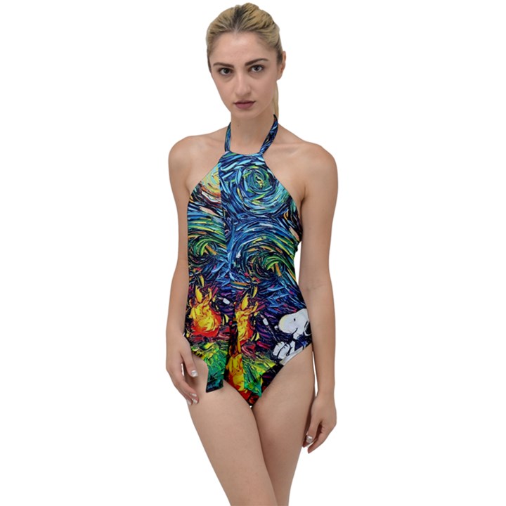 Dog Cartoon Starry Night Print Van Gogh Parody Go with the Flow One Piece Swimsuit