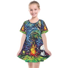 Dog Cartoon Starry Night Print Van Gogh Parody Kids  Smock Dress by Sarkoni