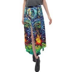 Dog Cartoon Starry Night Print Van Gogh Parody Velour Split Maxi Skirt by Sarkoni