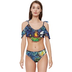 Dog Cartoon Starry Night Print Van Gogh Parody Ruffle Edge Tie Up Bikini Set	 by Sarkoni