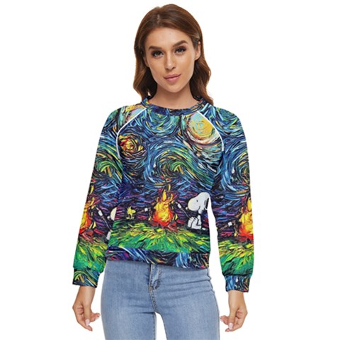 Dog Cartoon Starry Night Print Van Gogh Parody Women s Long Sleeve Raglan T-shirt by Sarkoni