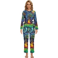 Dog Cartoon Starry Night Print Van Gogh Parody Womens  Long Sleeve Lightweight Pajamas Set by Sarkoni