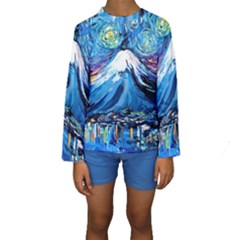 Mount Fuji Art Starry Night Van Gogh Kids  Long Sleeve Swimwear by Sarkoni