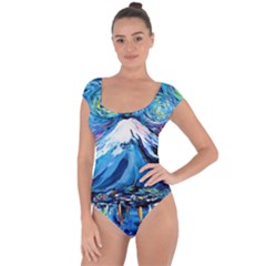 Mount Fuji Art Starry Night Van Gogh Short Sleeve Leotard  by Sarkoni