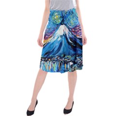 Mount Fuji Art Starry Night Van Gogh Midi Beach Skirt by Sarkoni