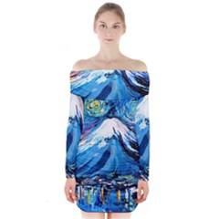 Mount Fuji Art Starry Night Van Gogh Long Sleeve Off Shoulder Dress by Sarkoni