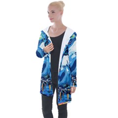 Mount Fuji Art Starry Night Van Gogh Longline Hooded Cardigan by Sarkoni