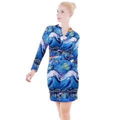 Mount Fuji Art Starry Night Van Gogh Button Long Sleeve Dress by Sarkoni