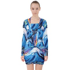 Mount Fuji Art Starry Night Van Gogh V-neck Bodycon Long Sleeve Dress by Sarkoni