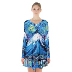 Mount Fuji Art Starry Night Van Gogh Long Sleeve Velvet V-neck Dress by Sarkoni